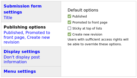 Drupal new content type form defaults