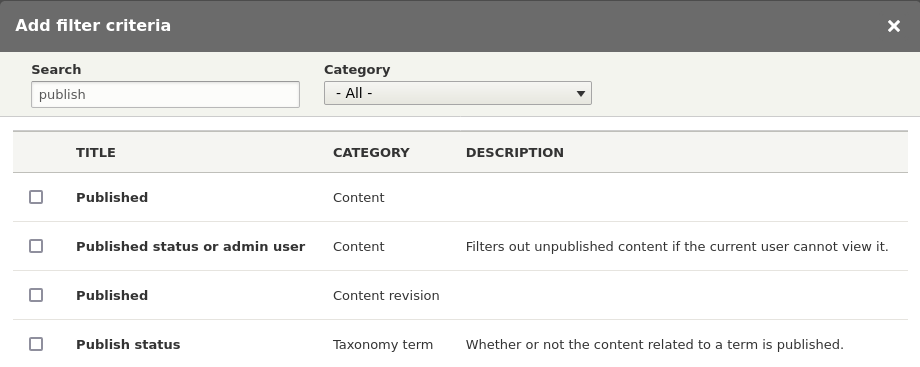 Drupal views published filters