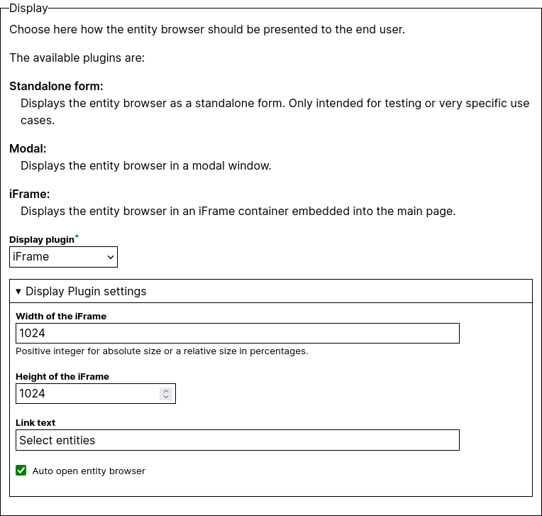 Entity Browser display settings for ckeditor5 entity embed button