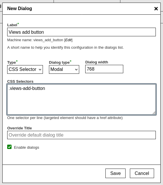 Drupal Admin Dialogs configuration for Views Add Button