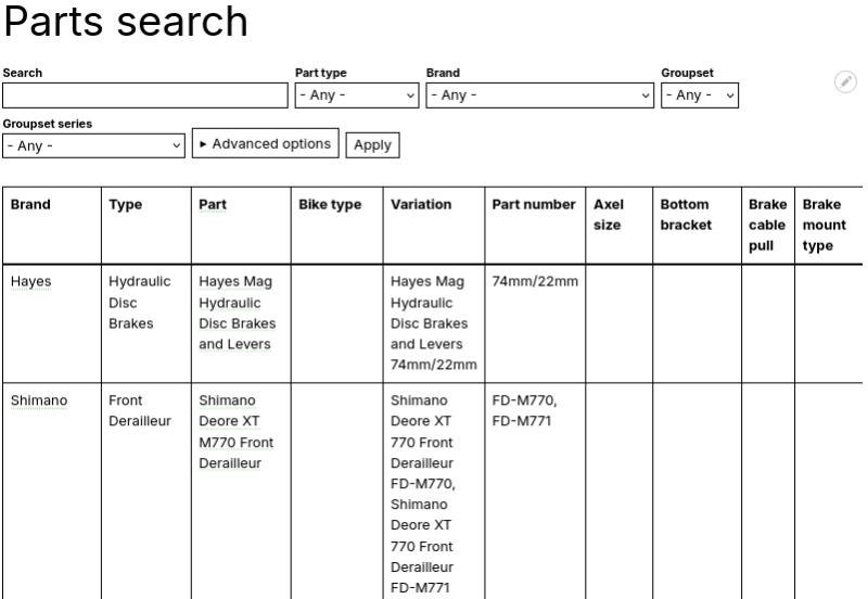 Parts search view