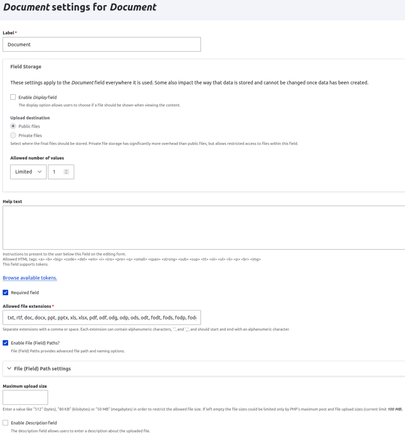 Drupal field storage and settings